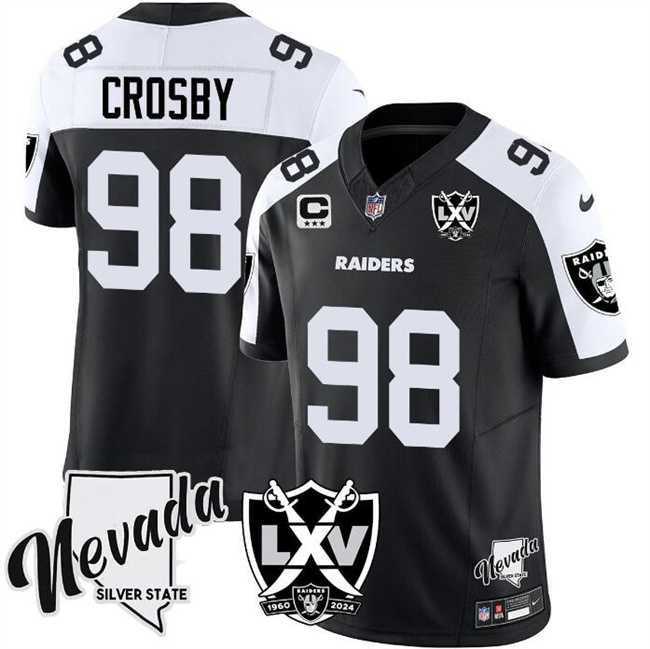 Men & Women & Youth Las Vegas Raiders #98 Maxx Crosby Black White 2024 F.U.S.E With Nevada Silver Stat Patch And 65th Anniversary Patch 3-Star C Patch Stitched Jersey->las vegas raiders->NFL Jersey